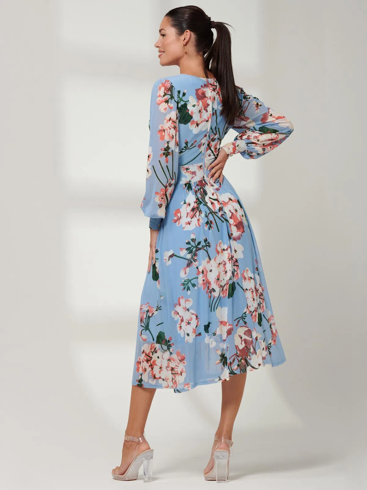 Jolie Moi Jasmine Long Sleeve Mesh Dress, Blue Floral