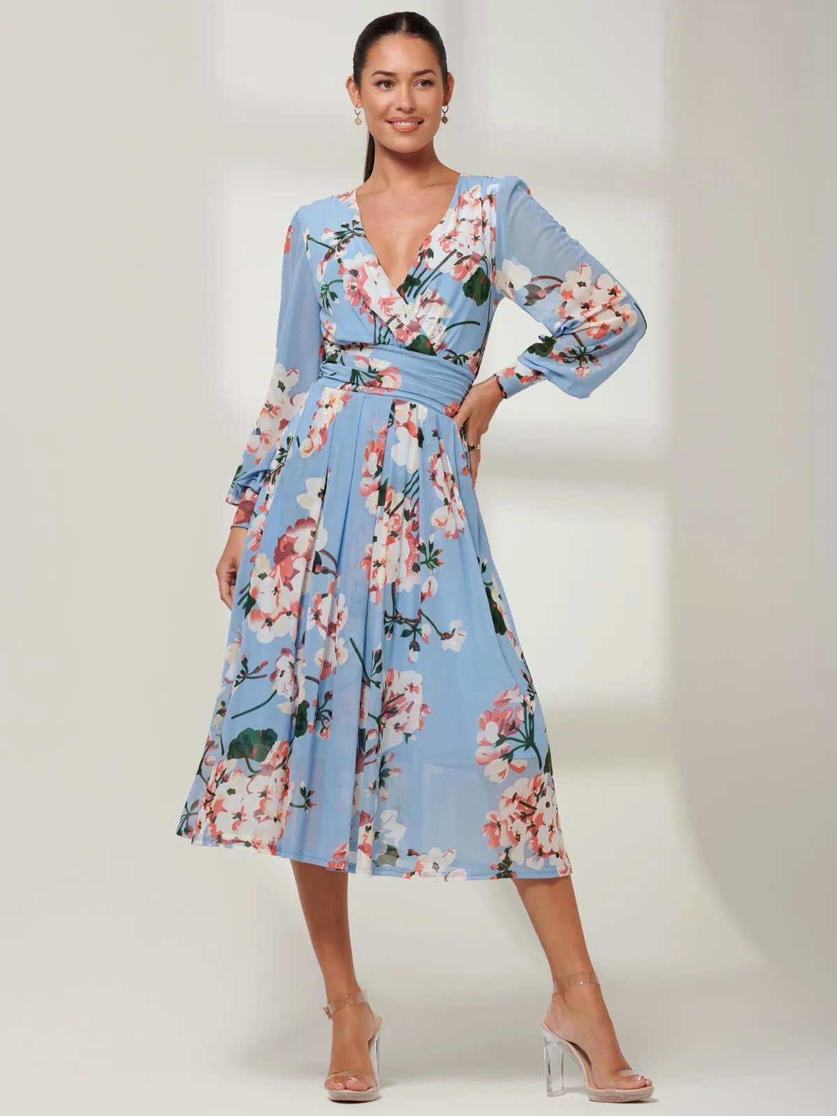 Jolie Moi Jasmine Long Sleeve Mesh Dress, Blue Floral