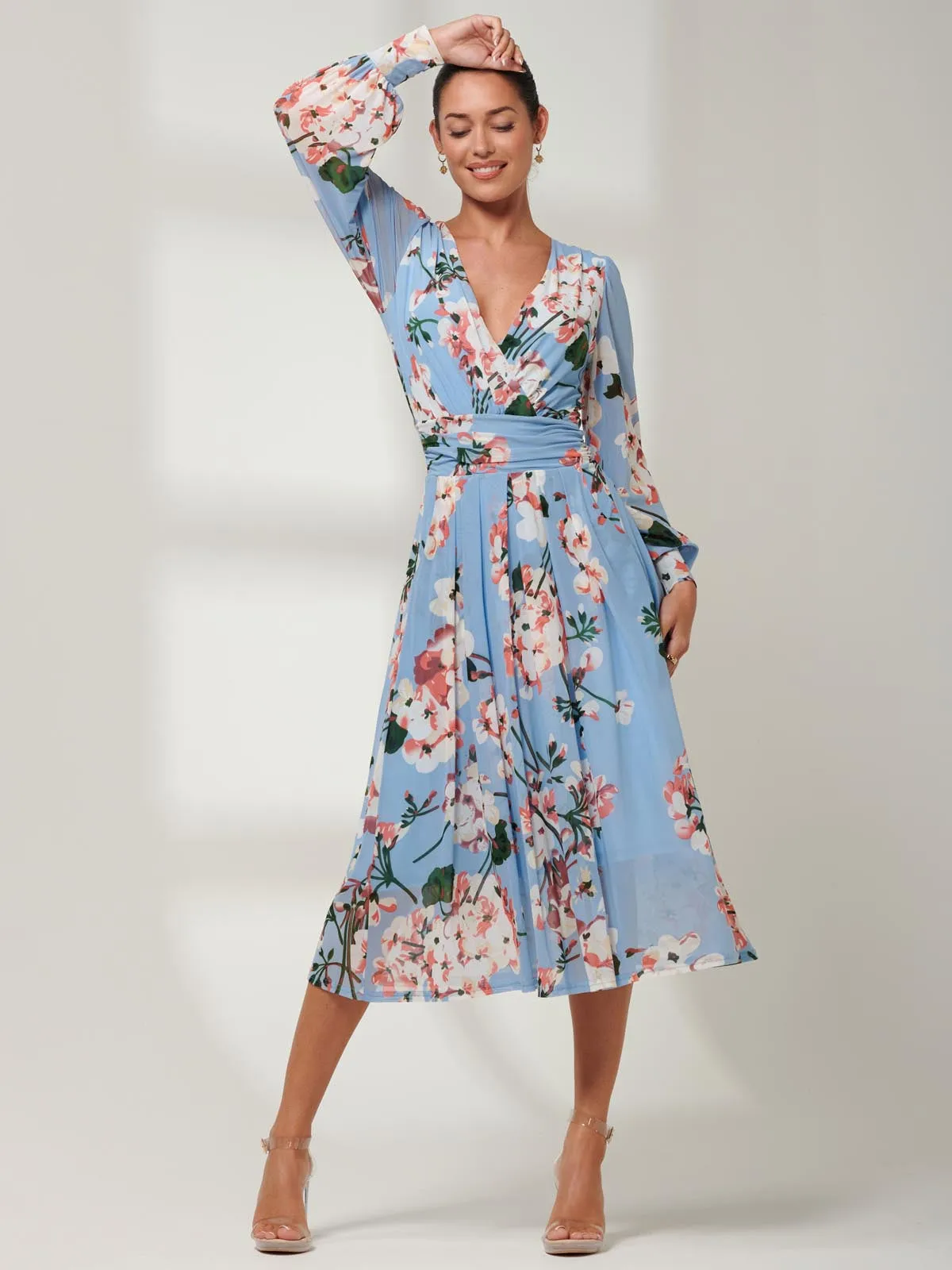 Jolie Moi Jasmine Long Sleeve Mesh Dress, Blue Floral