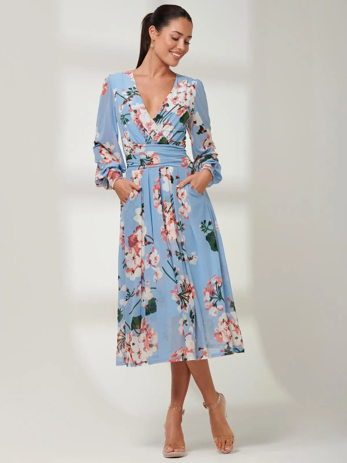 Jolie Moi Jasmine Long Sleeve Mesh Dress, Blue Floral