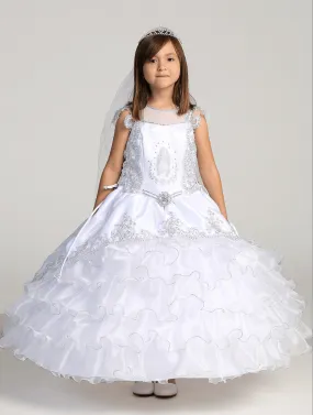 Kids Illusion Neckline Communion Ball Gown with Satin Peplum & Layered Organza Skirt #TK1205 | Norma Reed