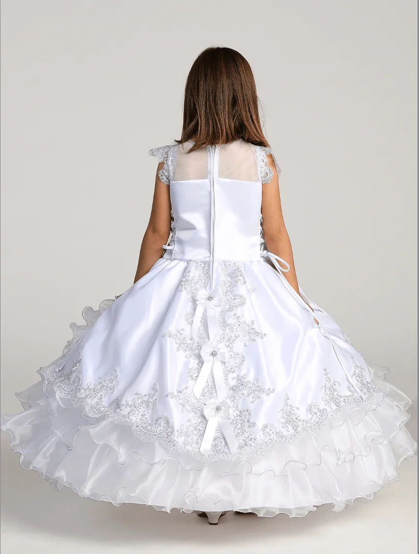 Kids Illusion Neckline Communion Ball Gown with Satin Peplum & Layered Organza Skirt #TK1205 | Norma Reed