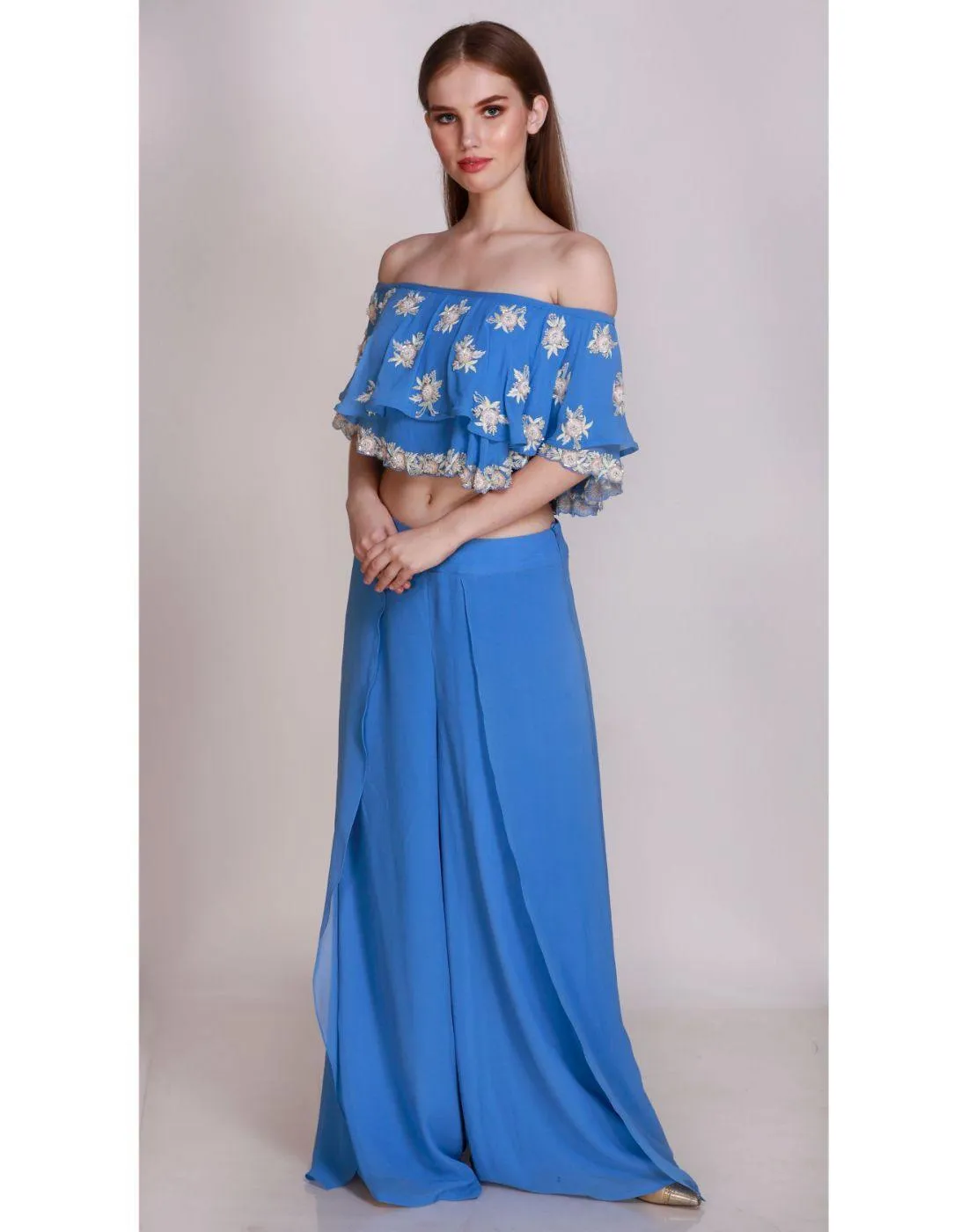 Label Nayna Kapoor's Rent Embroidered Frill Top With Layered Palazzo