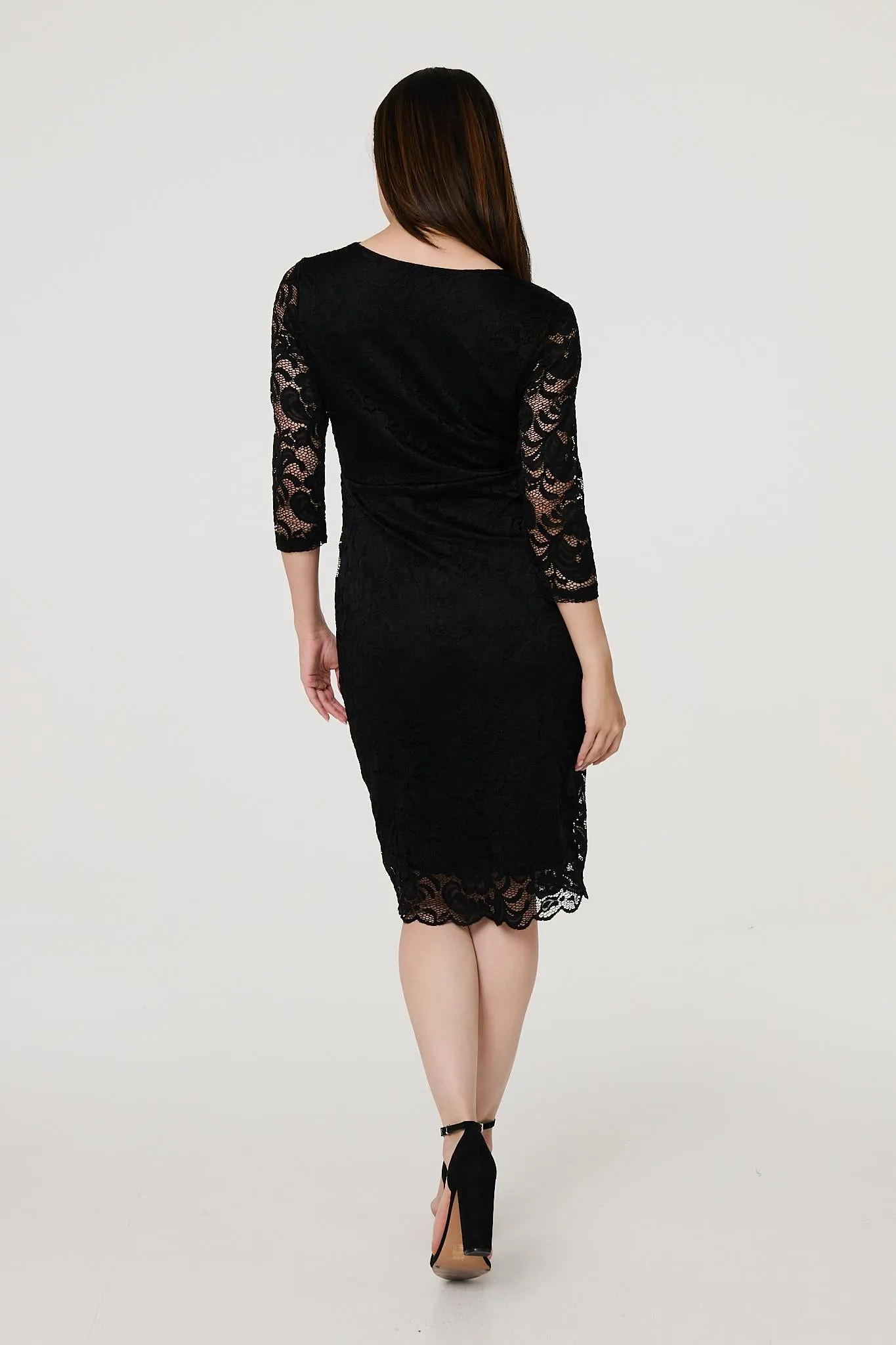 Lace 3/4 Sleeve Faux Wrap Front Dress