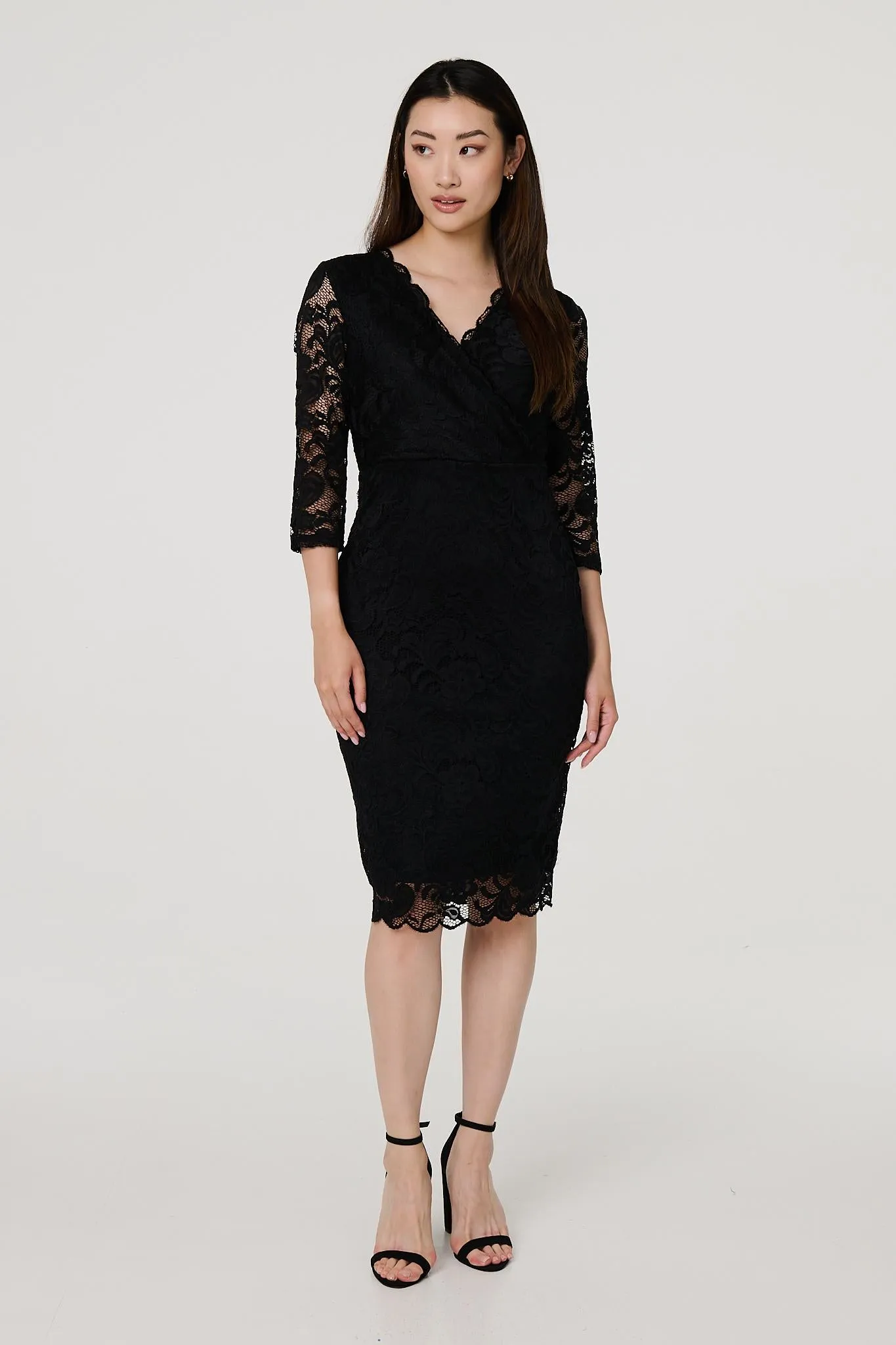 Lace 3/4 Sleeve Faux Wrap Front Dress