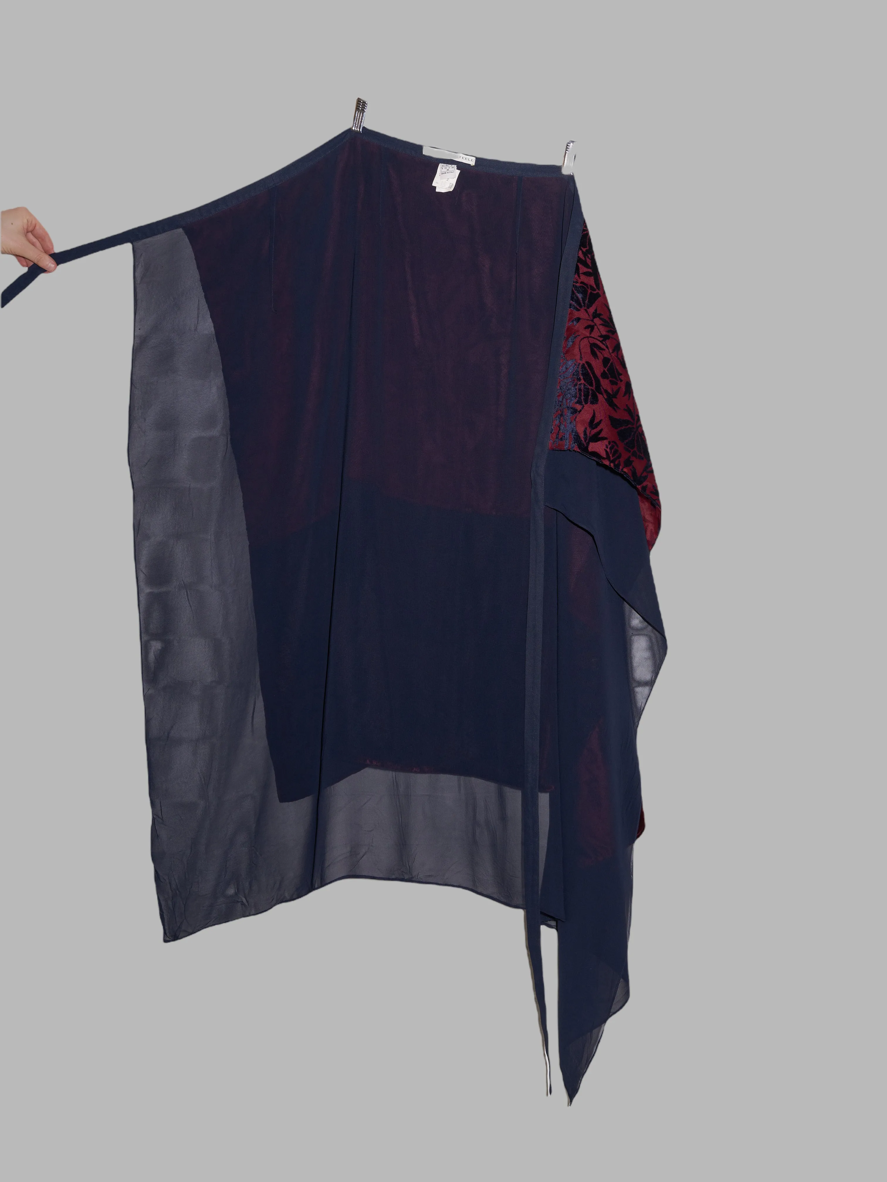 Lawrence Steele navy and burgundy floral velvet sheer crepe wrap skirt