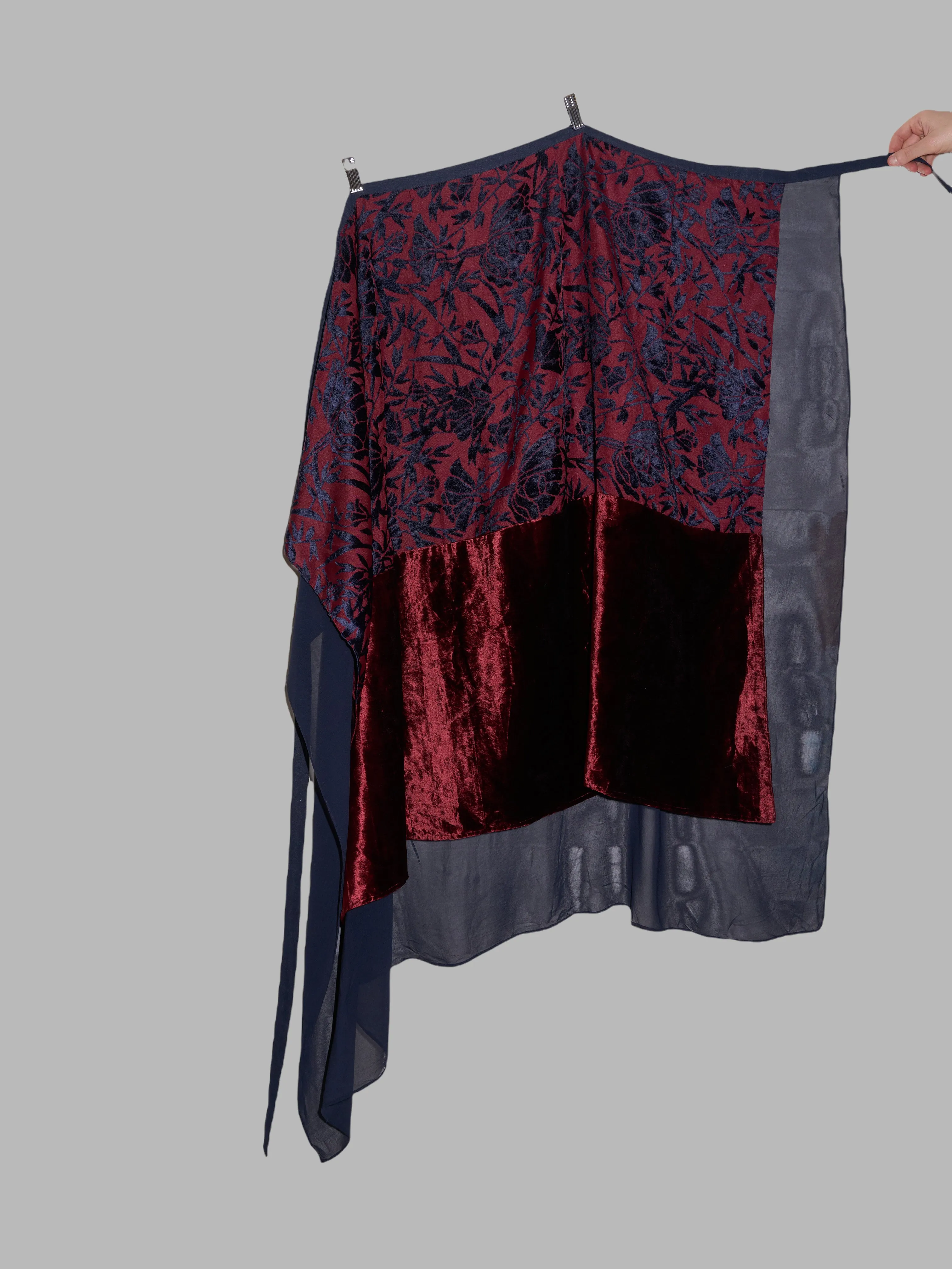 Lawrence Steele navy and burgundy floral velvet sheer crepe wrap skirt