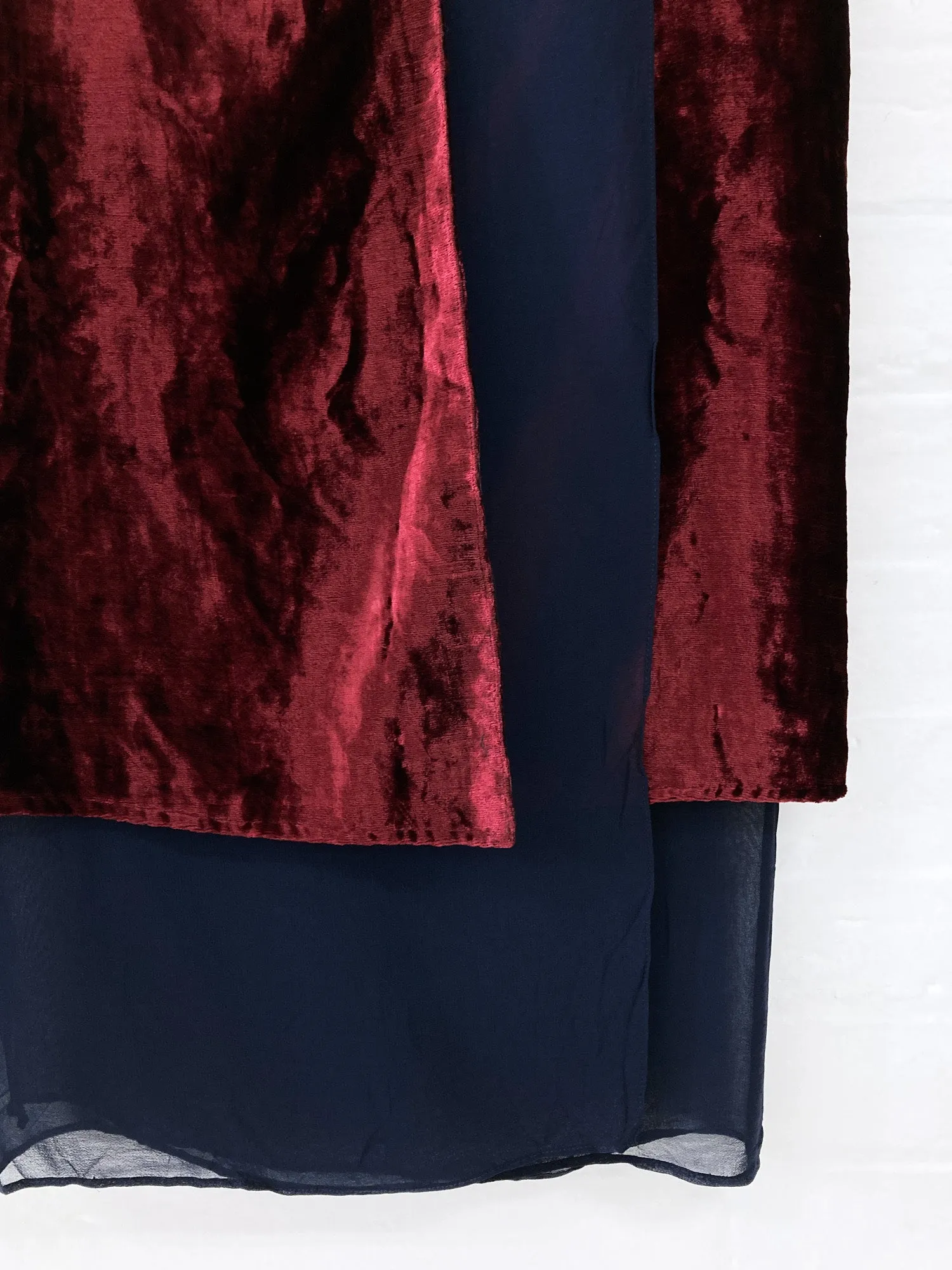 Lawrence Steele navy and burgundy floral velvet sheer crepe wrap skirt