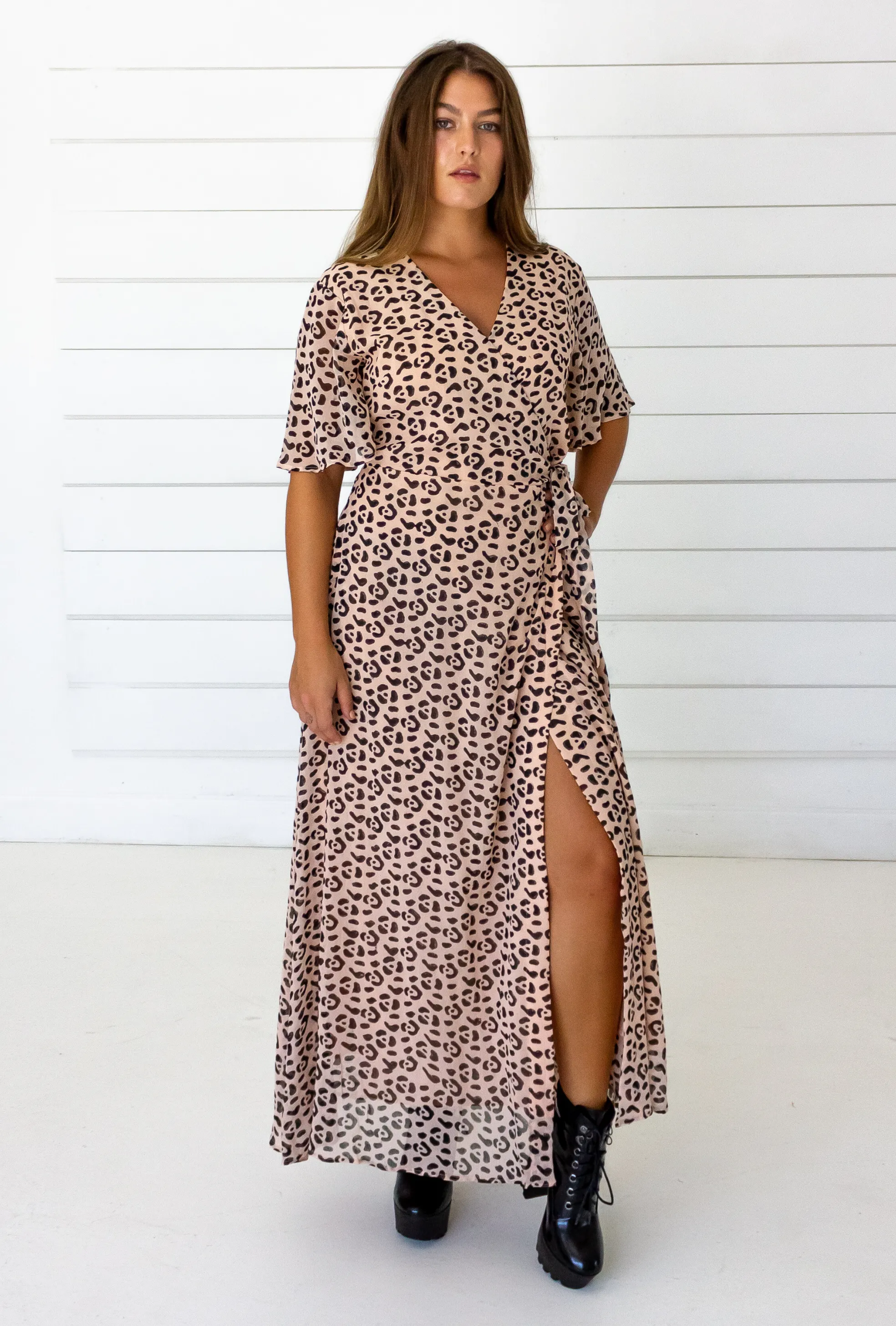 Leopard Maxi Wrap Dress in Blush   Black