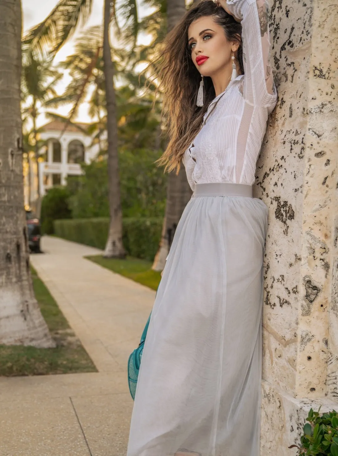 Long Light Gray Tulle Skirt