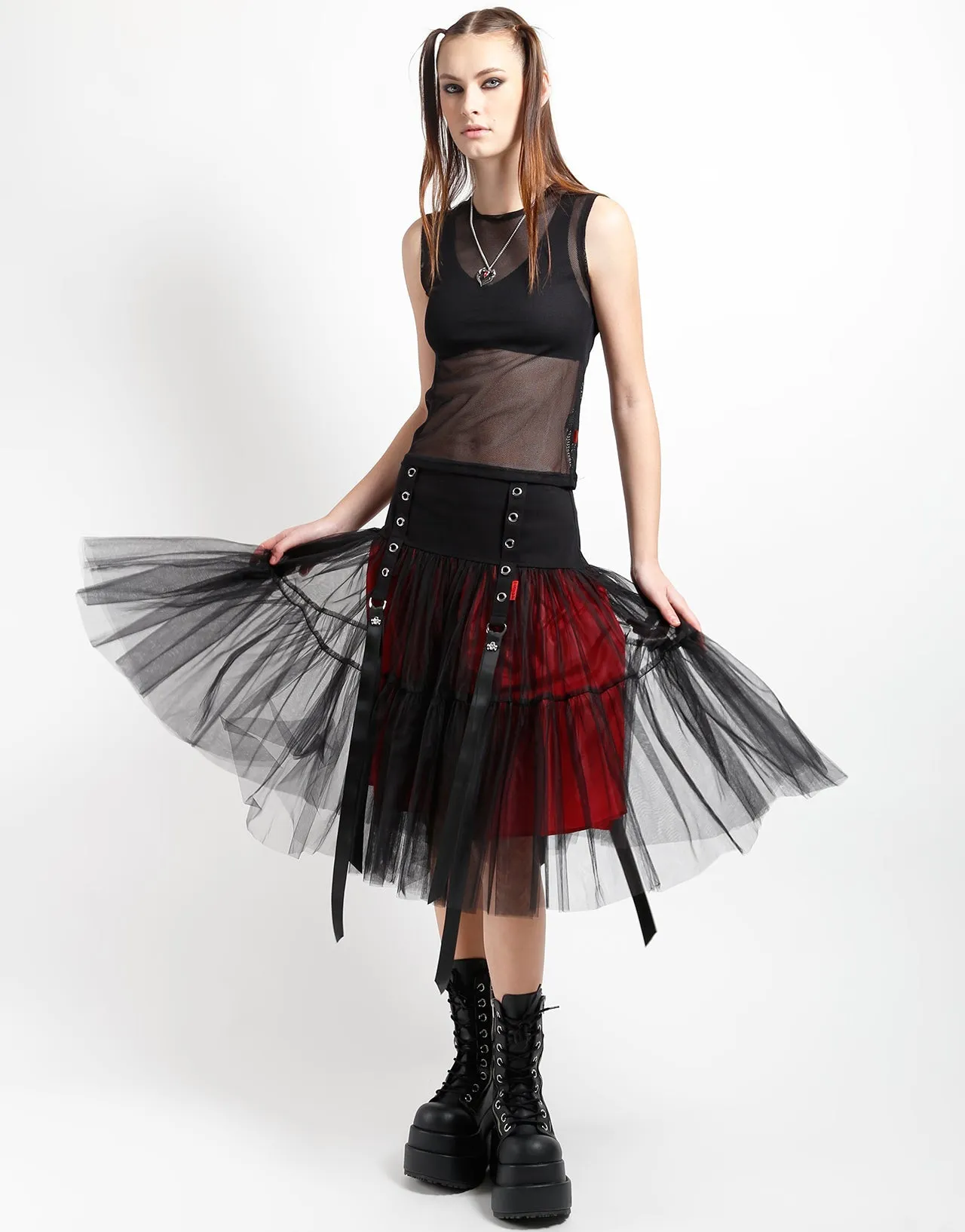 LONG RIBBON TULLE SKIRT RED