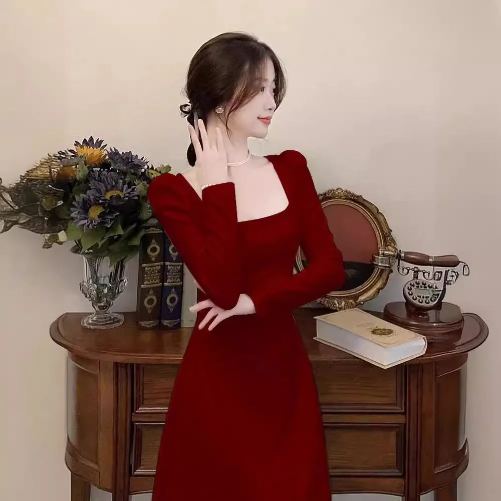 Long-Sleeved Red Dress Women's 2023 Autumn New  Retro Festive Engagement Toast Banquet Formal Dress