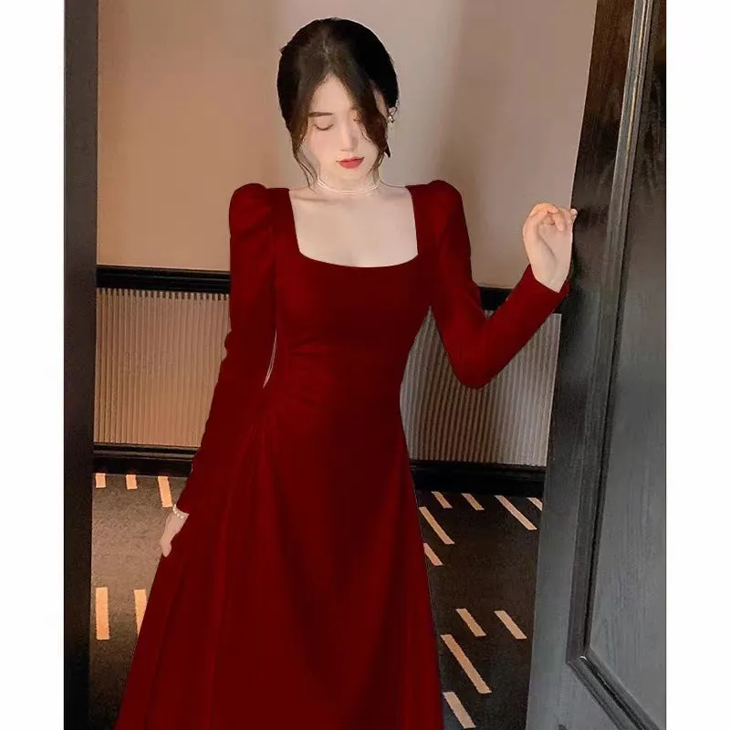 Long-Sleeved Red Dress Women's 2023 Autumn New  Retro Festive Engagement Toast Banquet Formal Dress