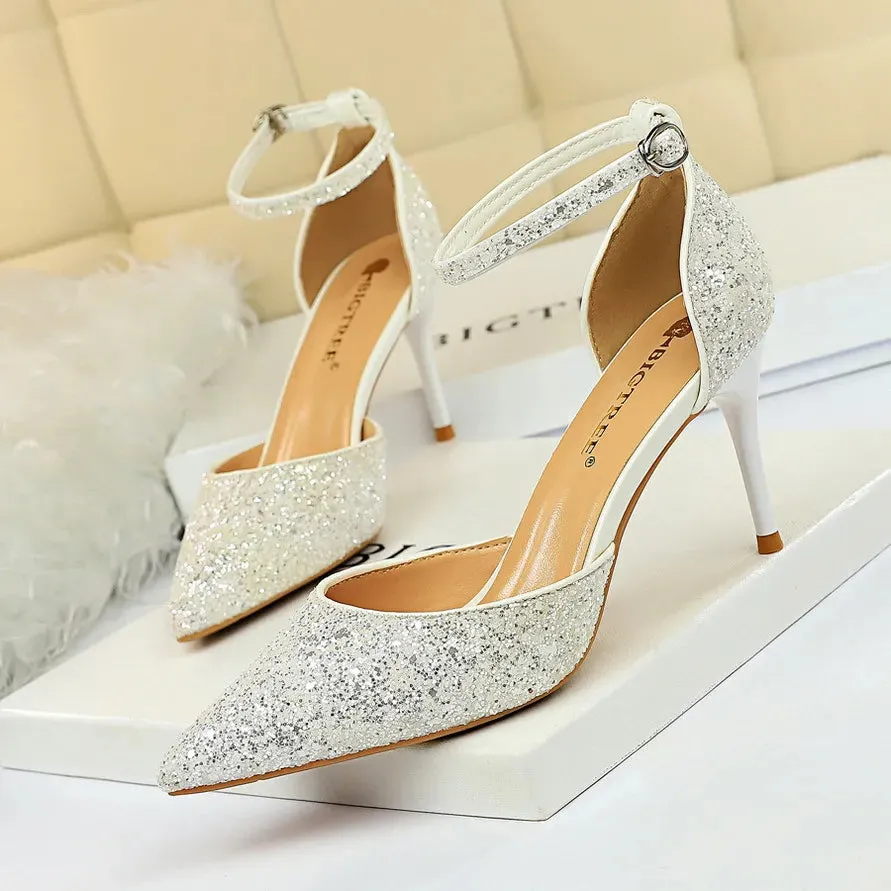 Luxury Sequined Womens Sandals Sexy Pumps 7.5cm 9.5cm Stiletto Heels Wedding Party Shoes Ankle Strap Pointed Toe Summer Sandale Size 35-40