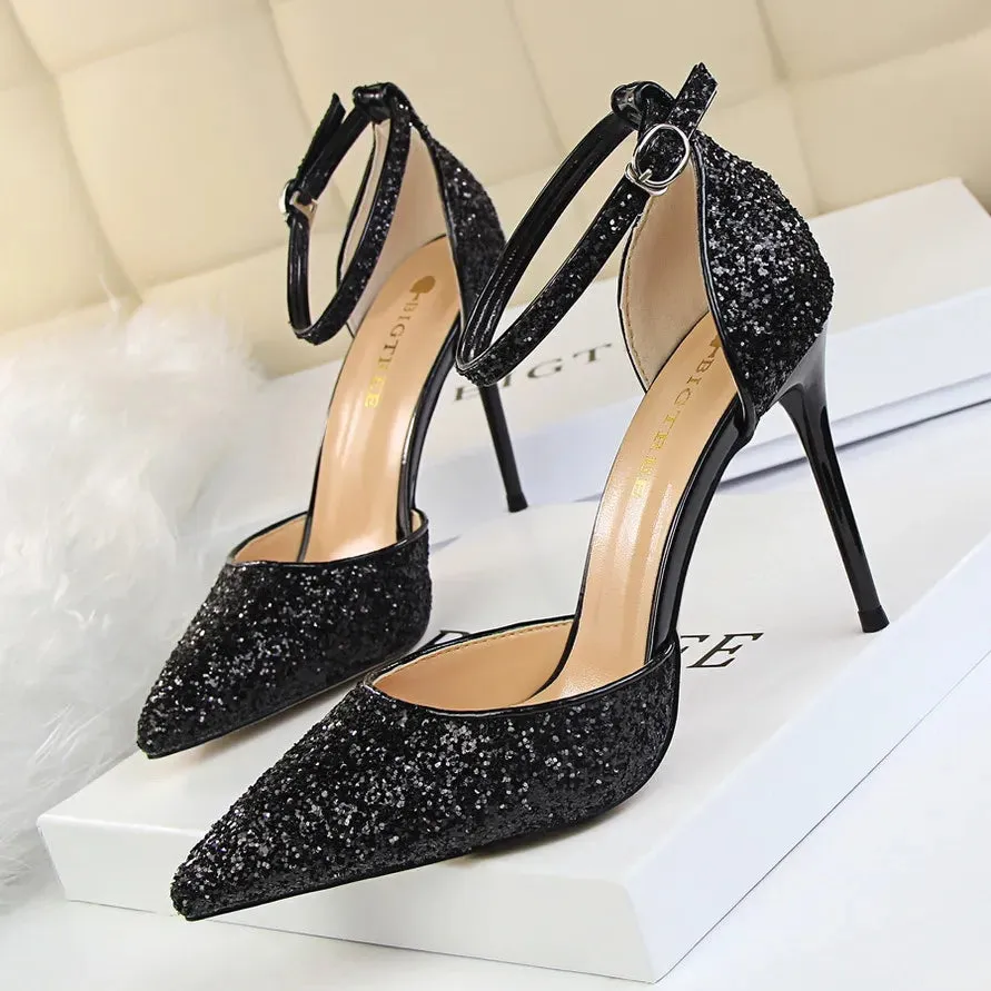 Luxury Sequined Womens Sandals Sexy Pumps 7.5cm 9.5cm Stiletto Heels Wedding Party Shoes Ankle Strap Pointed Toe Summer Sandale Size 35-40