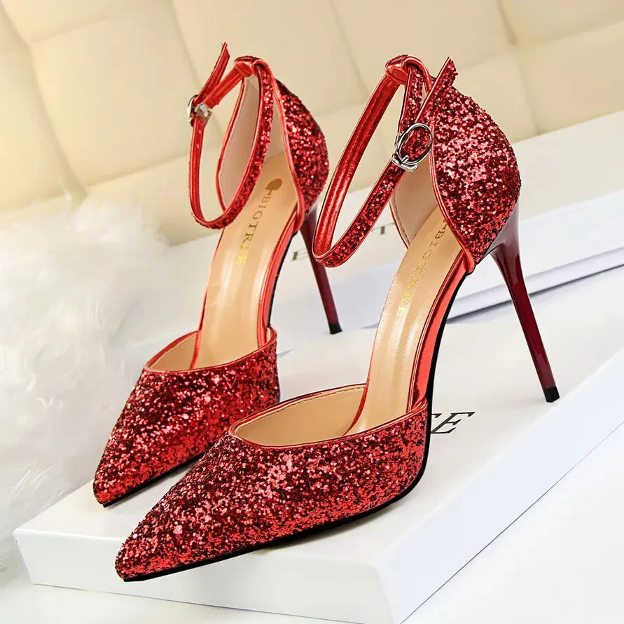 Luxury Sequined Womens Sandals Sexy Pumps 7.5cm 9.5cm Stiletto Heels Wedding Party Shoes Ankle Strap Pointed Toe Summer Sandale Size 35-40