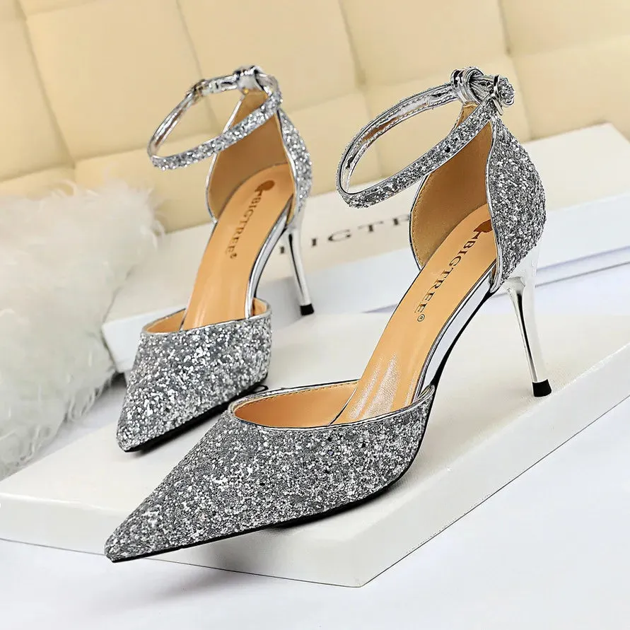 Luxury Sequined Womens Sandals Sexy Pumps 7.5cm 9.5cm Stiletto Heels Wedding Party Shoes Ankle Strap Pointed Toe Summer Sandale Size 35-40