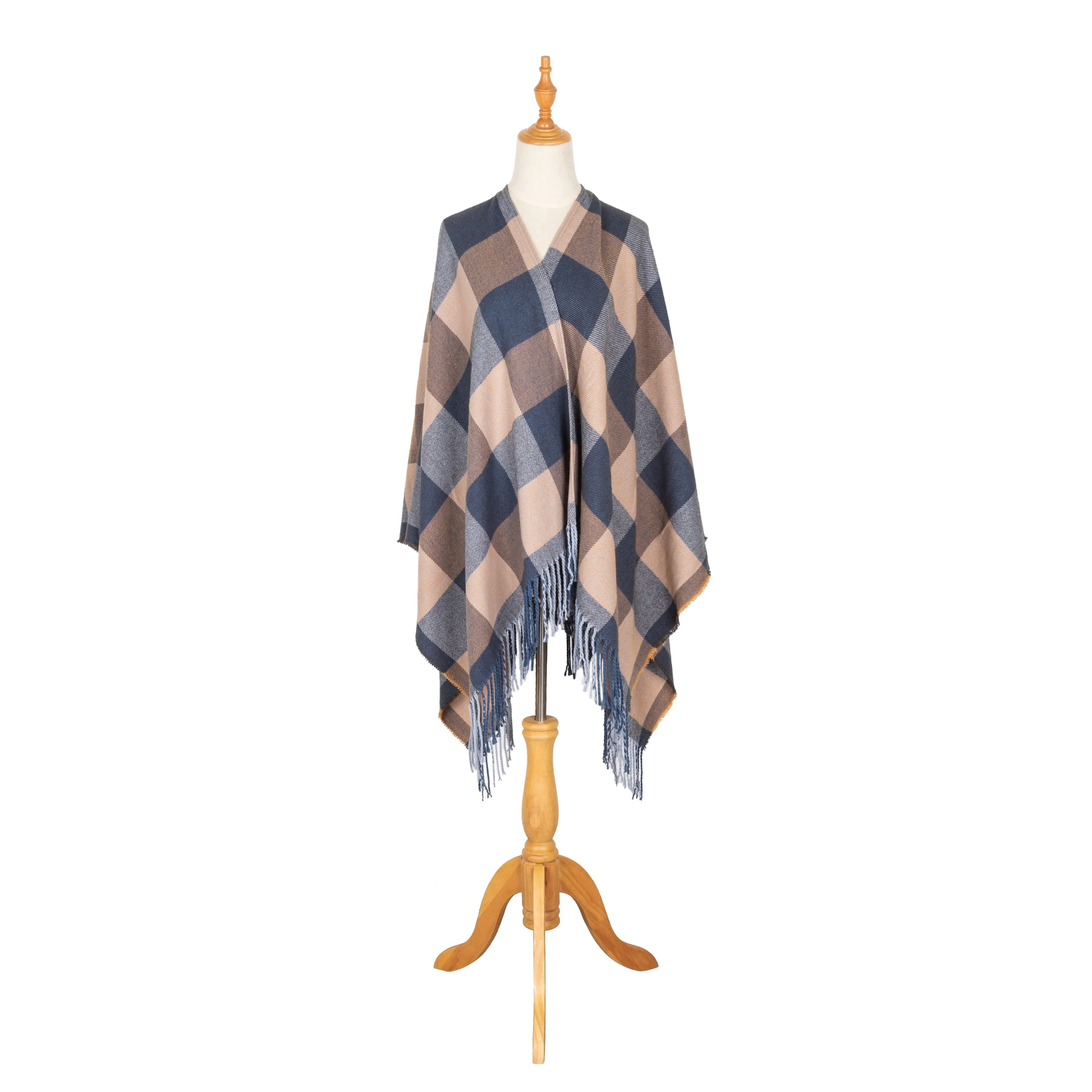 Maddie - Womens Woven Plaid Open Front Poncho