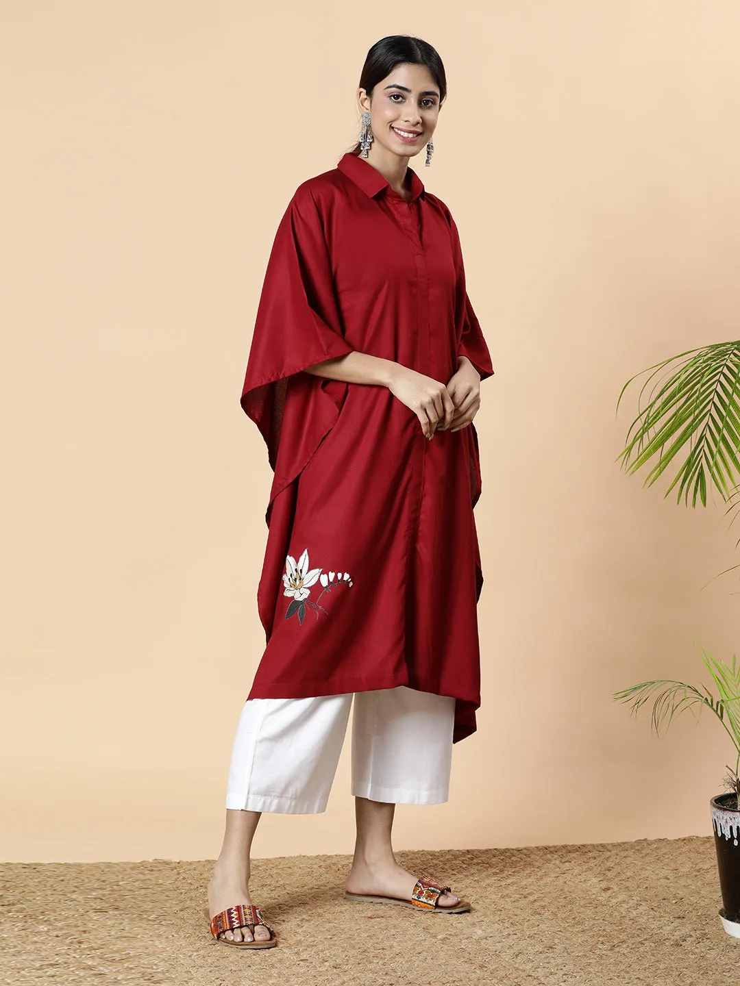 Maroon Rayon MandarinKurta - BurgundyBloom