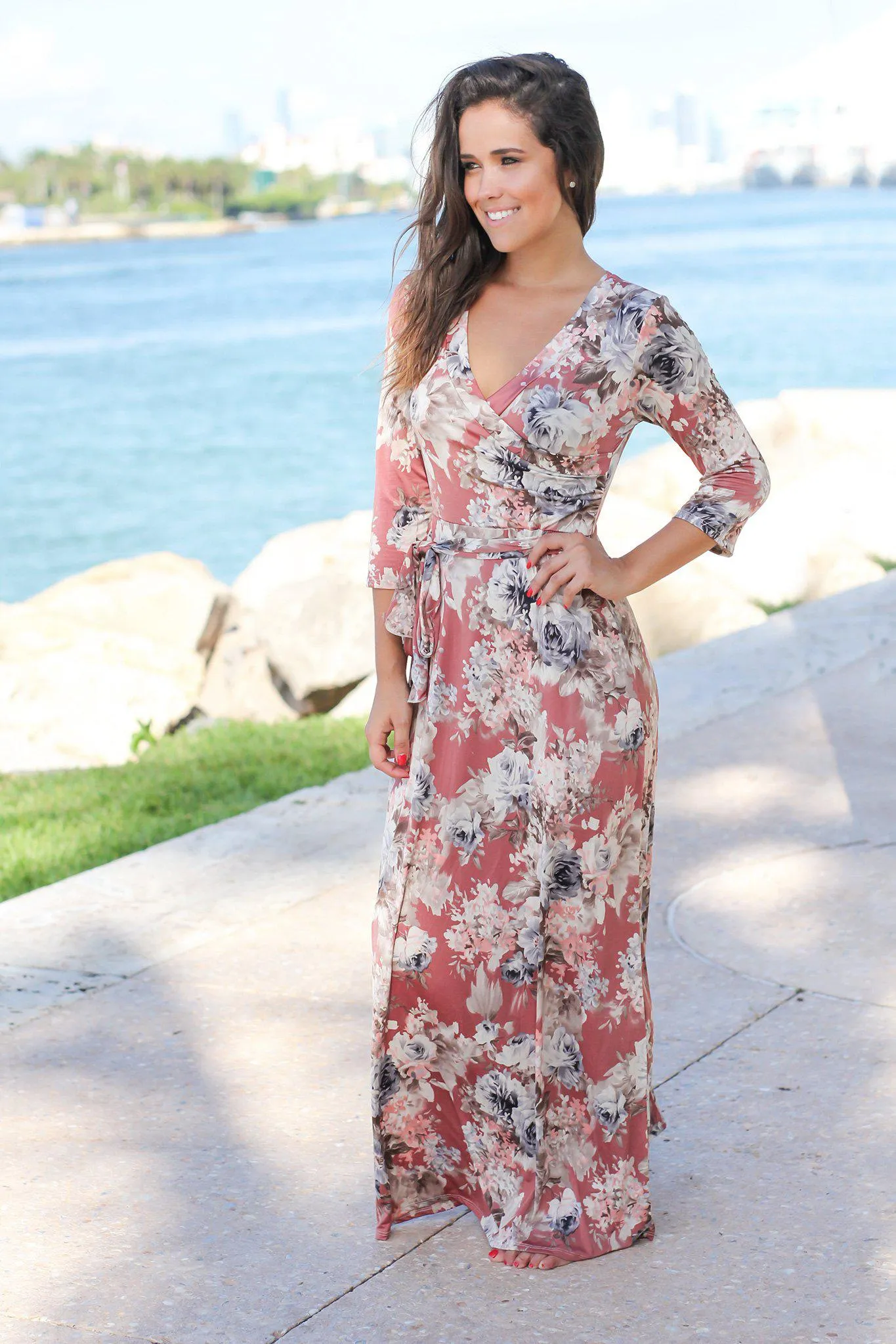 Mauve Floral Wrap Maxi Dress