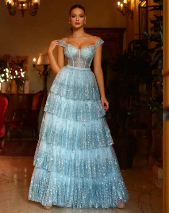 Maxine Layered Glitter Gown - Ice Blue