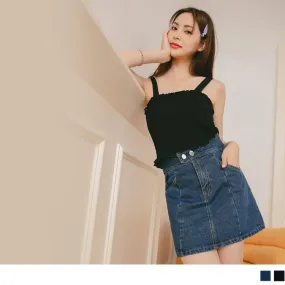 MEDIUM WAIST RIBBED A-LINE DENIM MINI SKIRTS