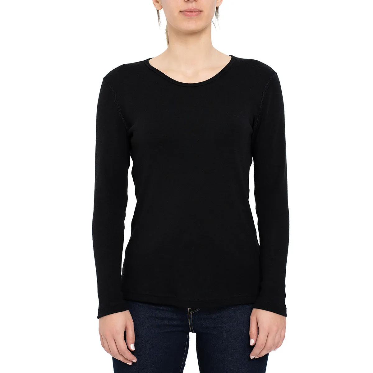 MENIQUE Long Sleeve Crew 100% Merino Wool Womens Shirt Black