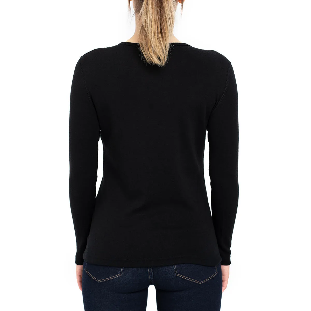 MENIQUE Long Sleeve Crew 100% Merino Wool Womens Shirt Black