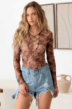 Mesh Lace-Up Tie-dye Long Sleeve Bodysuit