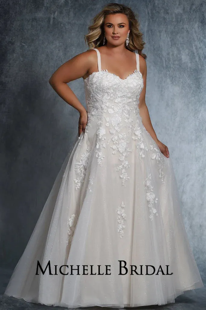 Michelle Bridal For Sydney's Closet MB2113 Slim A-Line Silhouette Strapless Optional Straps Sweetheart Neckline  Bridal Tulle Layered Over Sparkle Tulle Organza Floral Lace Appliques With Clear Sequins Plus Size "Dolly" Bridal Gown