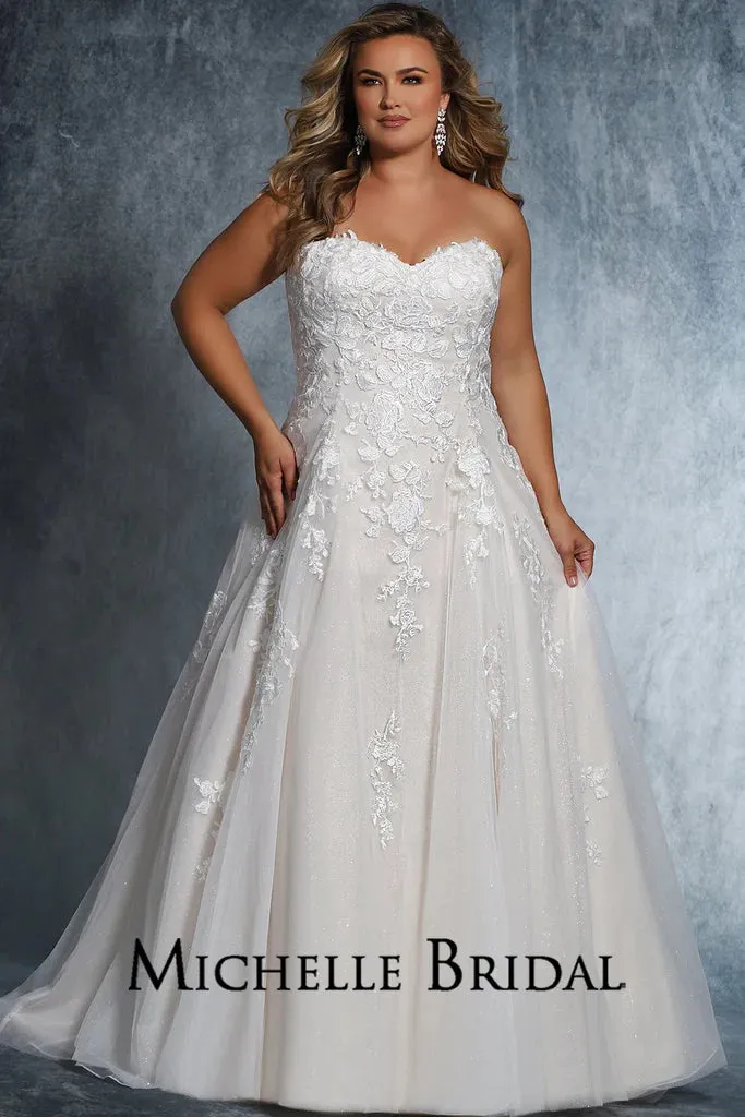 Michelle Bridal For Sydney's Closet MB2113 Slim A-Line Silhouette Strapless Optional Straps Sweetheart Neckline  Bridal Tulle Layered Over Sparkle Tulle Organza Floral Lace Appliques With Clear Sequins Plus Size "Dolly" Bridal Gown