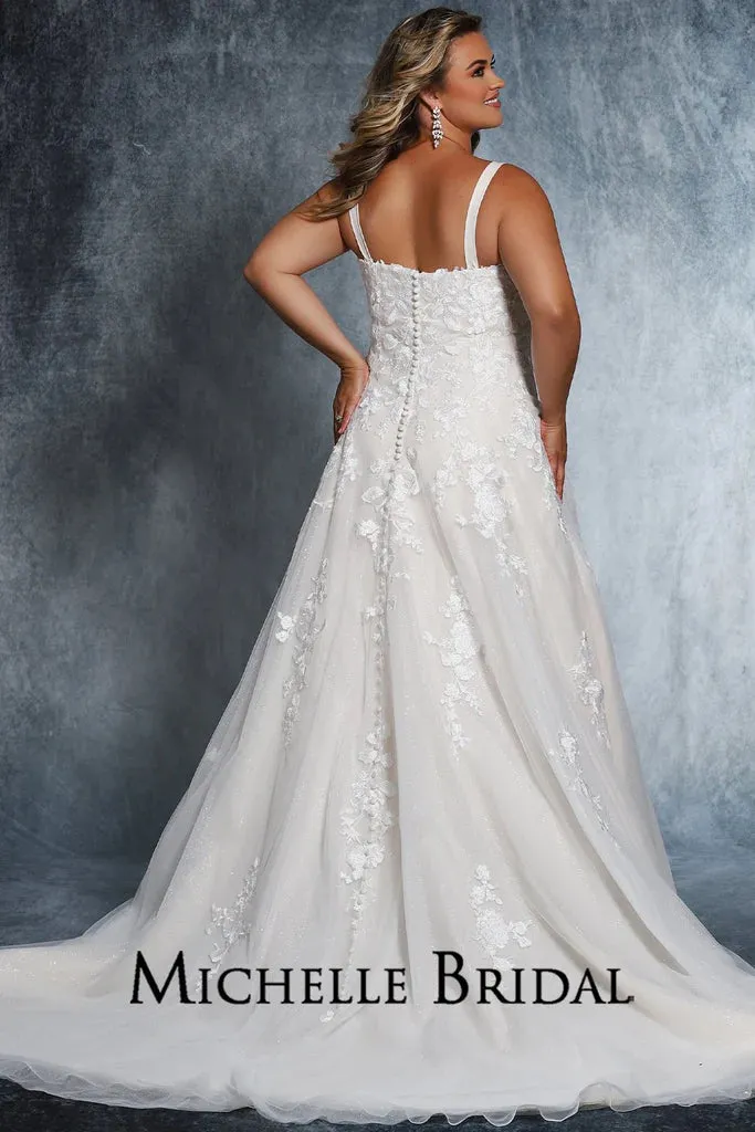 Michelle Bridal For Sydney's Closet MB2113 Slim A-Line Silhouette Strapless Optional Straps Sweetheart Neckline  Bridal Tulle Layered Over Sparkle Tulle Organza Floral Lace Appliques With Clear Sequins Plus Size "Dolly" Bridal Gown