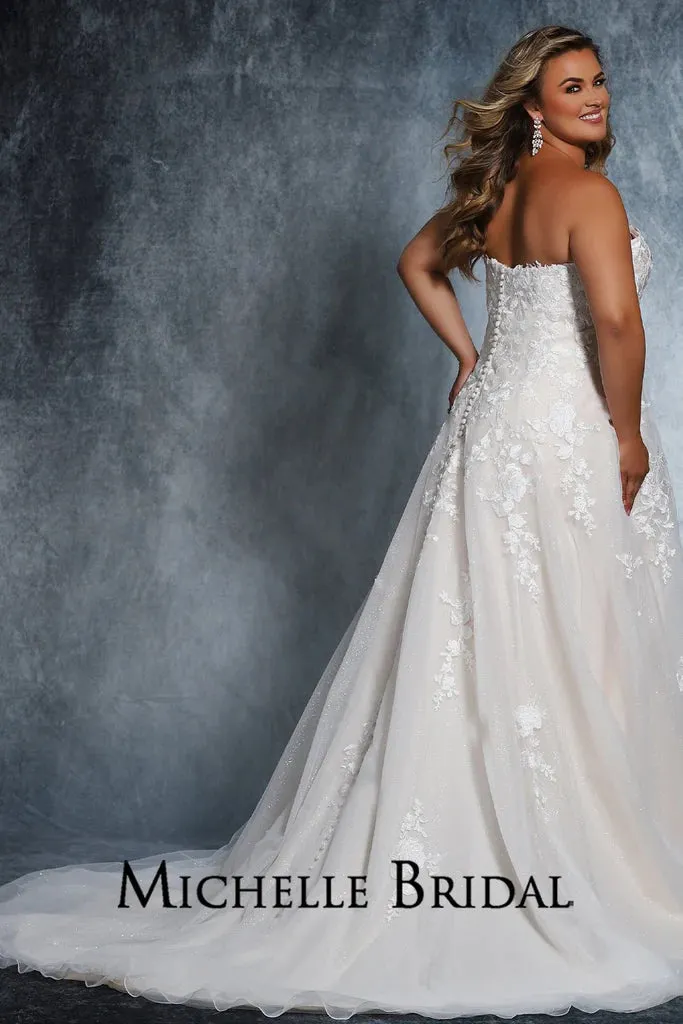 Michelle Bridal For Sydney's Closet MB2113 Slim A-Line Silhouette Strapless Optional Straps Sweetheart Neckline  Bridal Tulle Layered Over Sparkle Tulle Organza Floral Lace Appliques With Clear Sequins Plus Size "Dolly" Bridal Gown