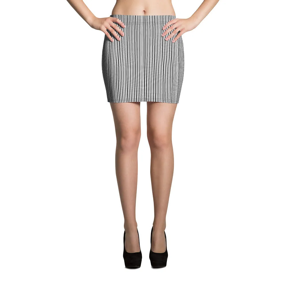 Modern Black White Vertical Stripe Print Women's Best Premium Mini Skirt- Made in USA/EU