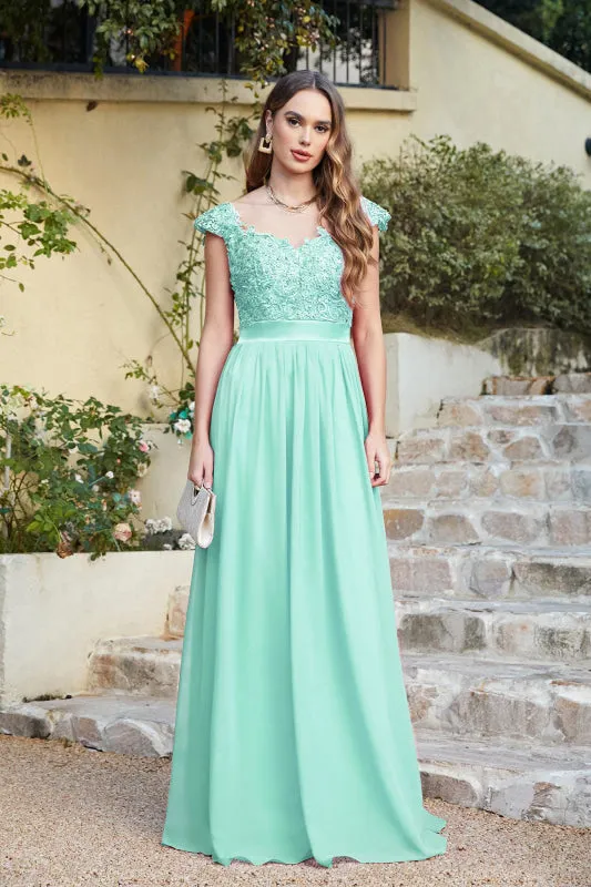 Modest Cap Sleeves Beadings Aline Evening Dress Ruched Chiffon Lace Formal Dress