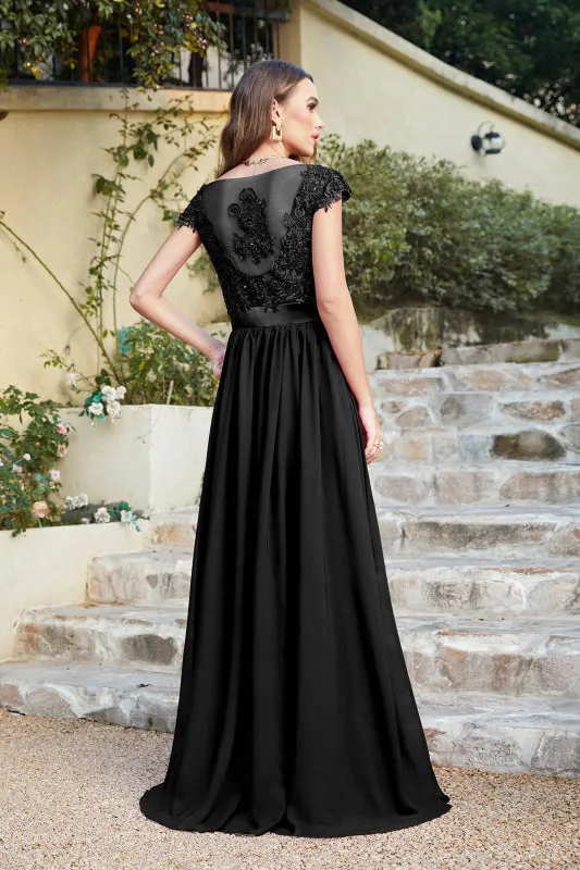 Modest Cap Sleeves Beadings Aline Evening Dress Ruched Chiffon Lace Formal Dress