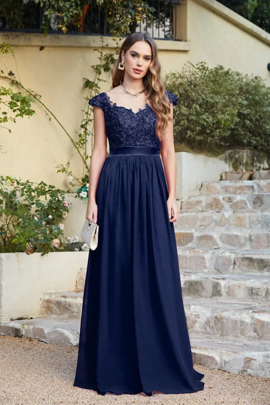 Modest Cap Sleeves Beadings Aline Evening Dress Ruched Chiffon Lace Formal Dress