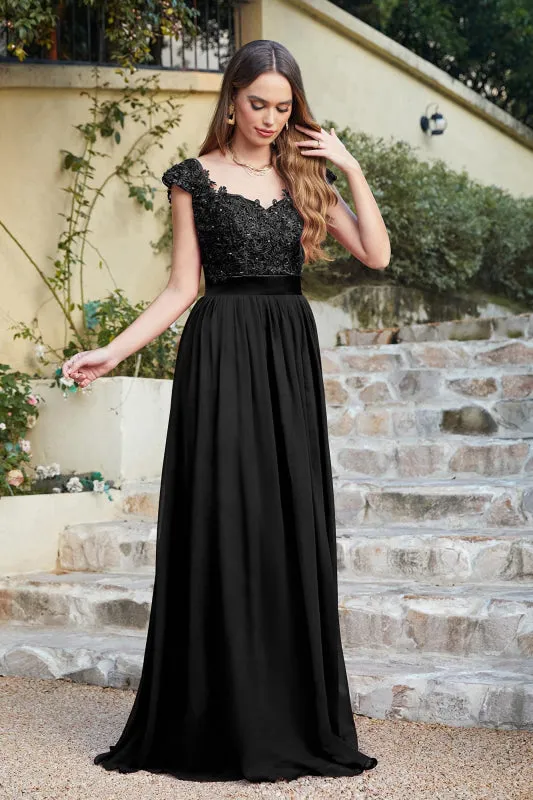 Modest Cap Sleeves Beadings Aline Evening Dress Ruched Chiffon Lace Formal Dress