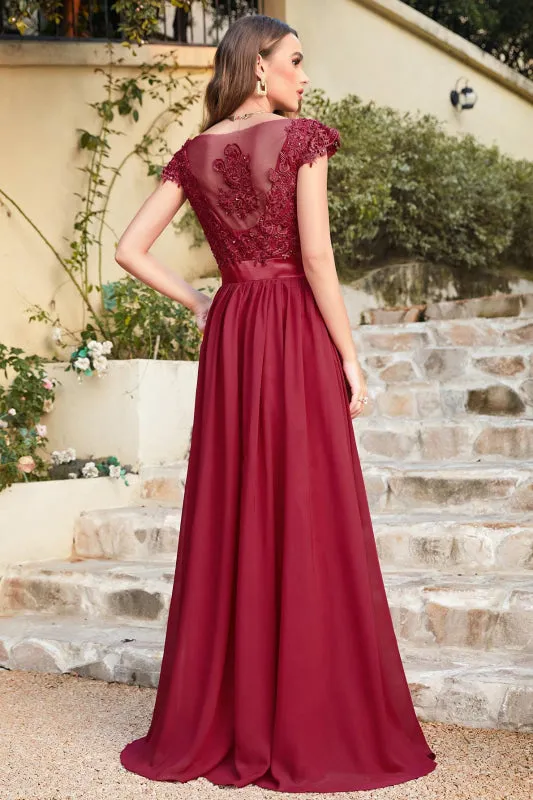 Modest Cap Sleeves Beadings Aline Evening Dress Ruched Chiffon Lace Formal Dress