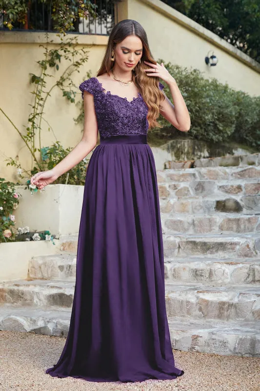 Modest Cap Sleeves Beadings Aline Evening Dress Ruched Chiffon Lace Formal Dress