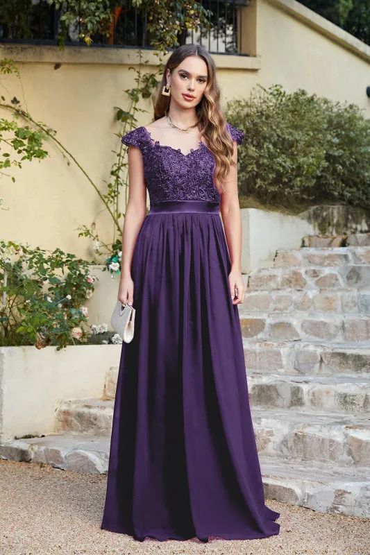 Modest Cap Sleeves Beadings Aline Evening Dress Ruched Chiffon Lace Formal Dress