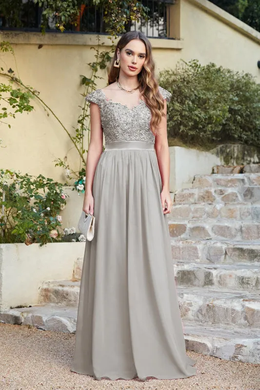 Modest Cap Sleeves Beadings Aline Evening Dress Ruched Chiffon Lace Formal Dress