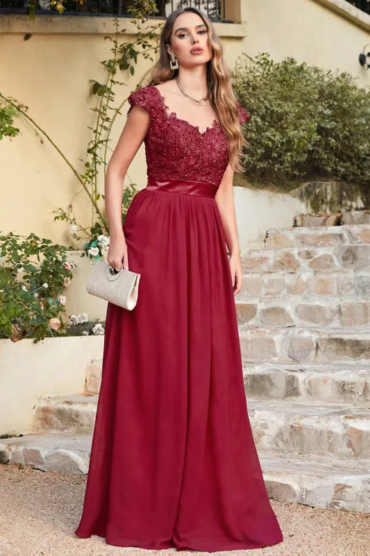 Modest Cap Sleeves Beadings Aline Evening Dress Ruched Chiffon Lace Formal Dress