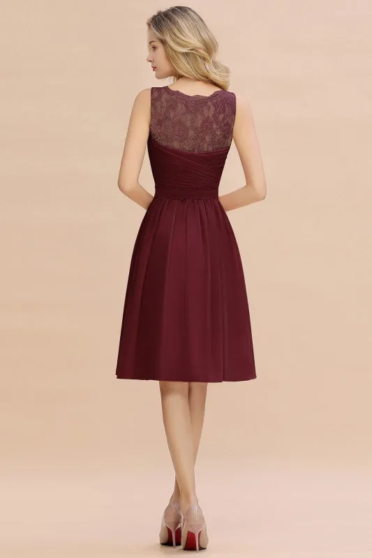 Modest Ruffle Chiffon Knee Length Bridesmaid Dress Sleeveless Floral Lace Aline Homecoming Dress