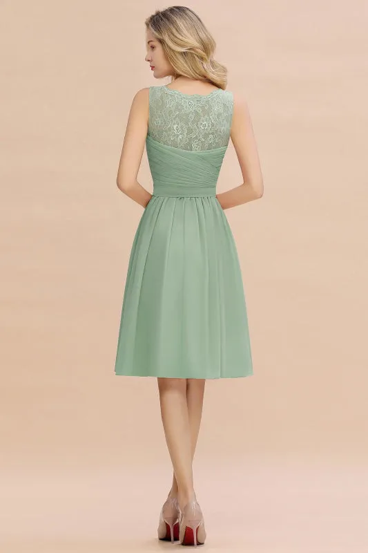 Modest Ruffle Chiffon Knee Length Bridesmaid Dress Sleeveless Floral Lace Aline Homecoming Dress