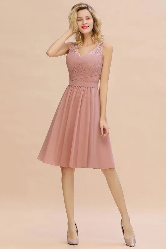 Modest Ruffle Chiffon Knee Length Bridesmaid Dress Sleeveless Floral Lace Aline Homecoming Dress