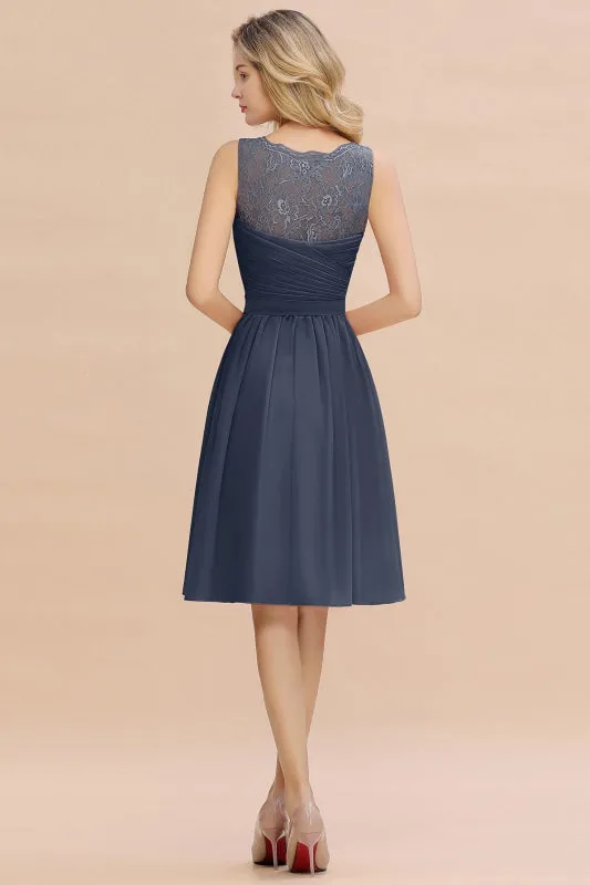 Modest Ruffle Chiffon Knee Length Bridesmaid Dress Sleeveless Floral Lace Aline Homecoming Dress