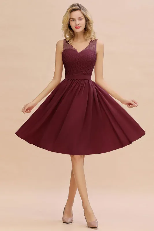 Modest Ruffle Chiffon Knee Length Bridesmaid Dress Sleeveless Floral Lace Aline Homecoming Dress