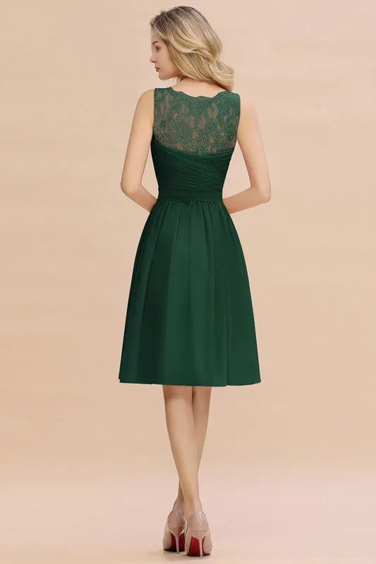 Modest Ruffle Chiffon Knee Length Bridesmaid Dress Sleeveless Floral Lace Aline Homecoming Dress