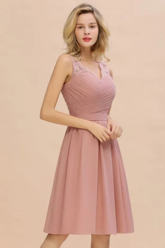 Modest Ruffle Chiffon Knee Length Bridesmaid Dress Sleeveless Floral Lace Aline Homecoming Dress